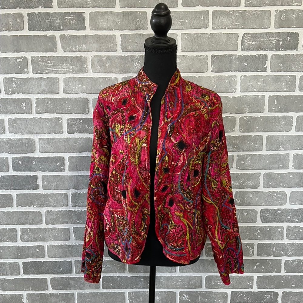 Vintage Chico's Red Silk Beaded Embroidered Open Jacket Bohemian Art to Wear Y2K